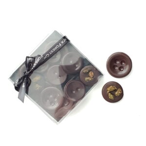 Gift wrapped Dark chocolate butoons with caramelised pistachios